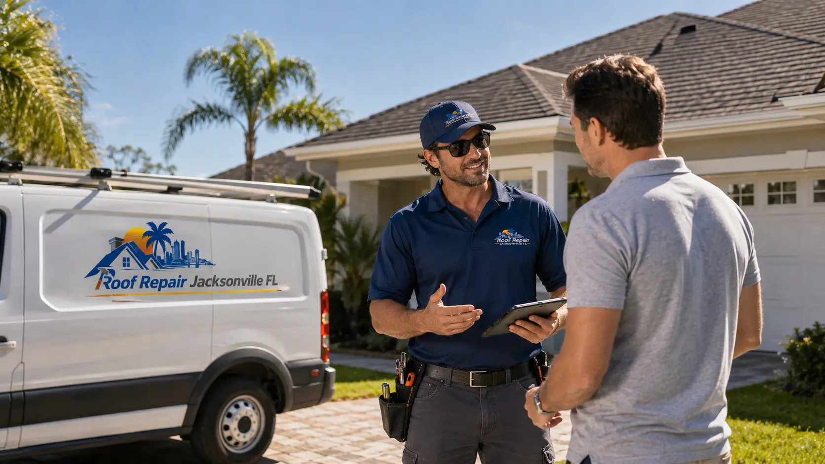 Roof repair professional reviewing roof findings with a homeowner