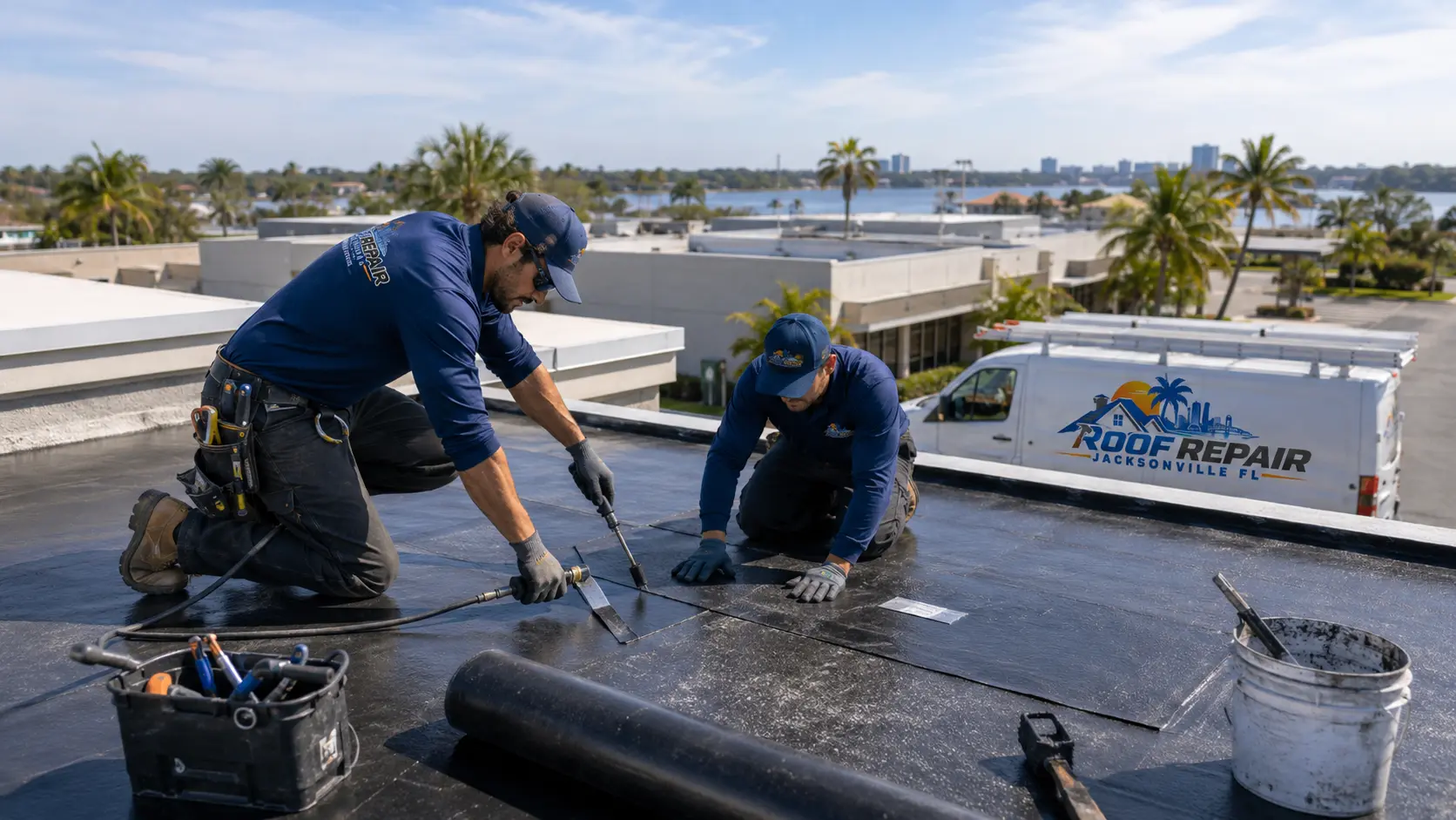 Two roofers repairing a low-slope membrane roof on a light-commercial building