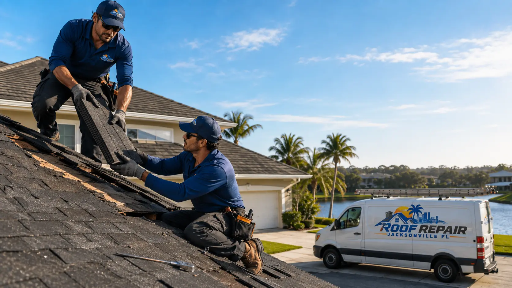 Two roofers replacing damaged asphalt shingles on a residential roof