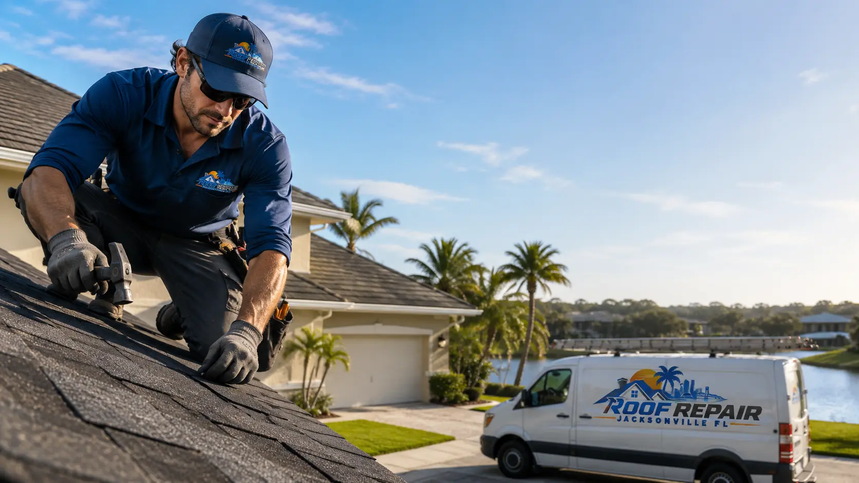 Roofer securing shingles on a Jacksonville-area home with a service van in the driveway