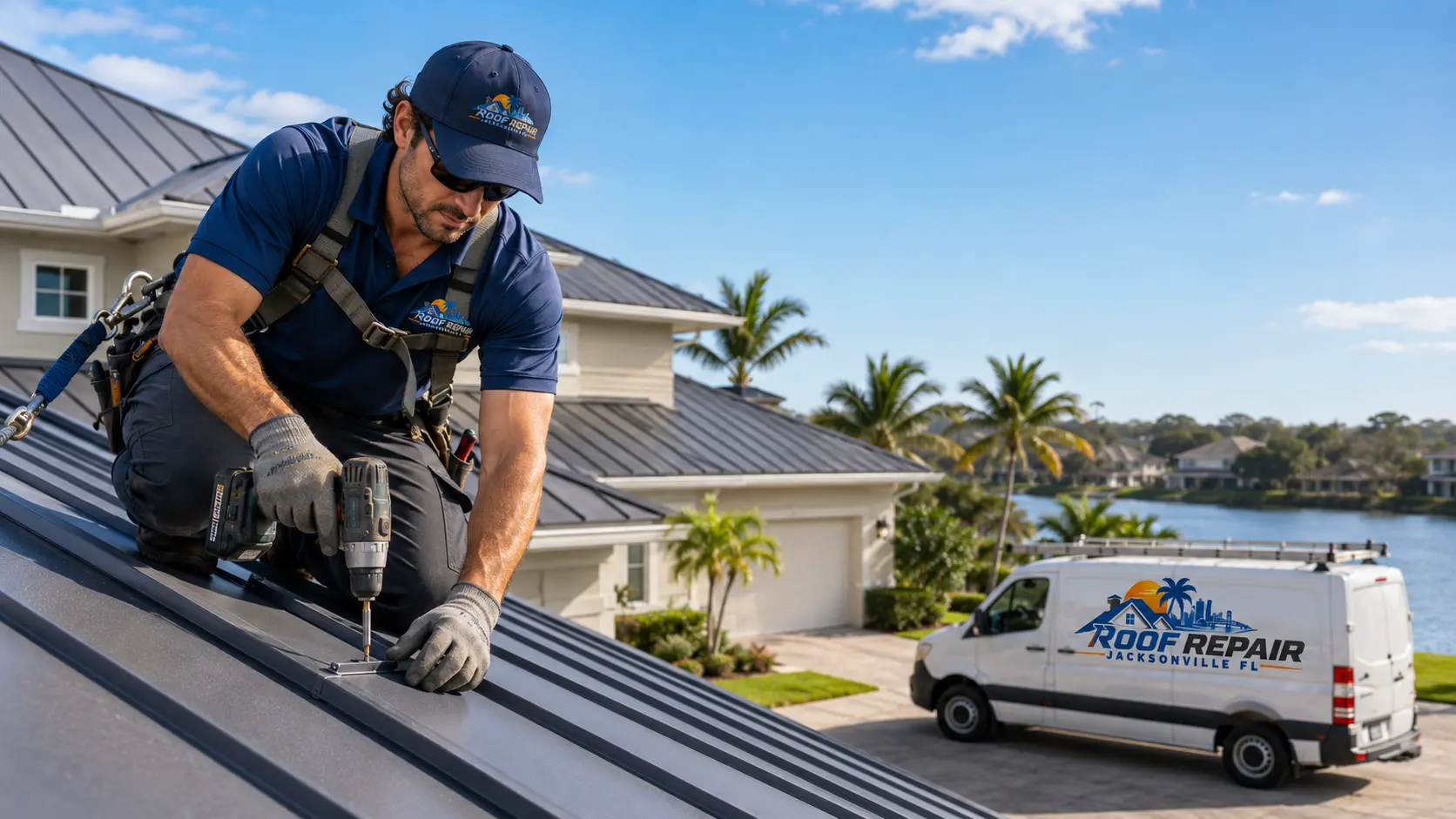 Roofer using a drill to secure a panel on a dark metal roof near the water